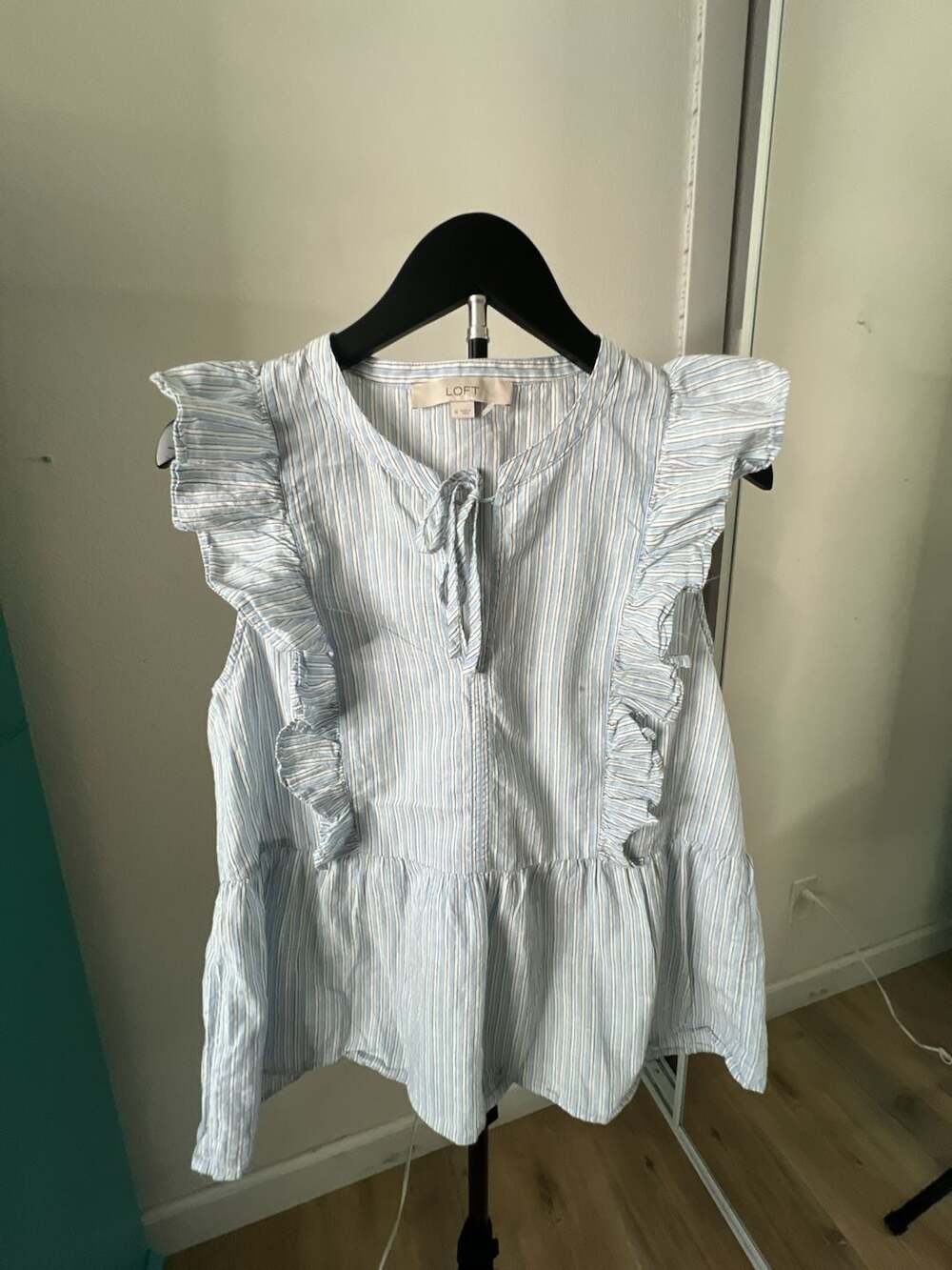 LOFT Striped Ruffle Tie Neck Peplum Sleeveless Blouse - Picture 2 of 11